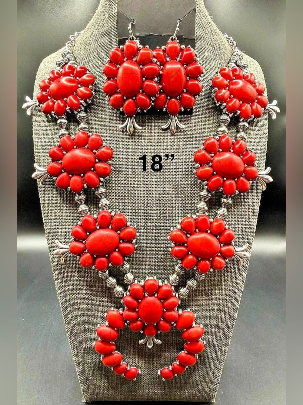 Southwestern Red Stone Squash Blossom Necklace Set